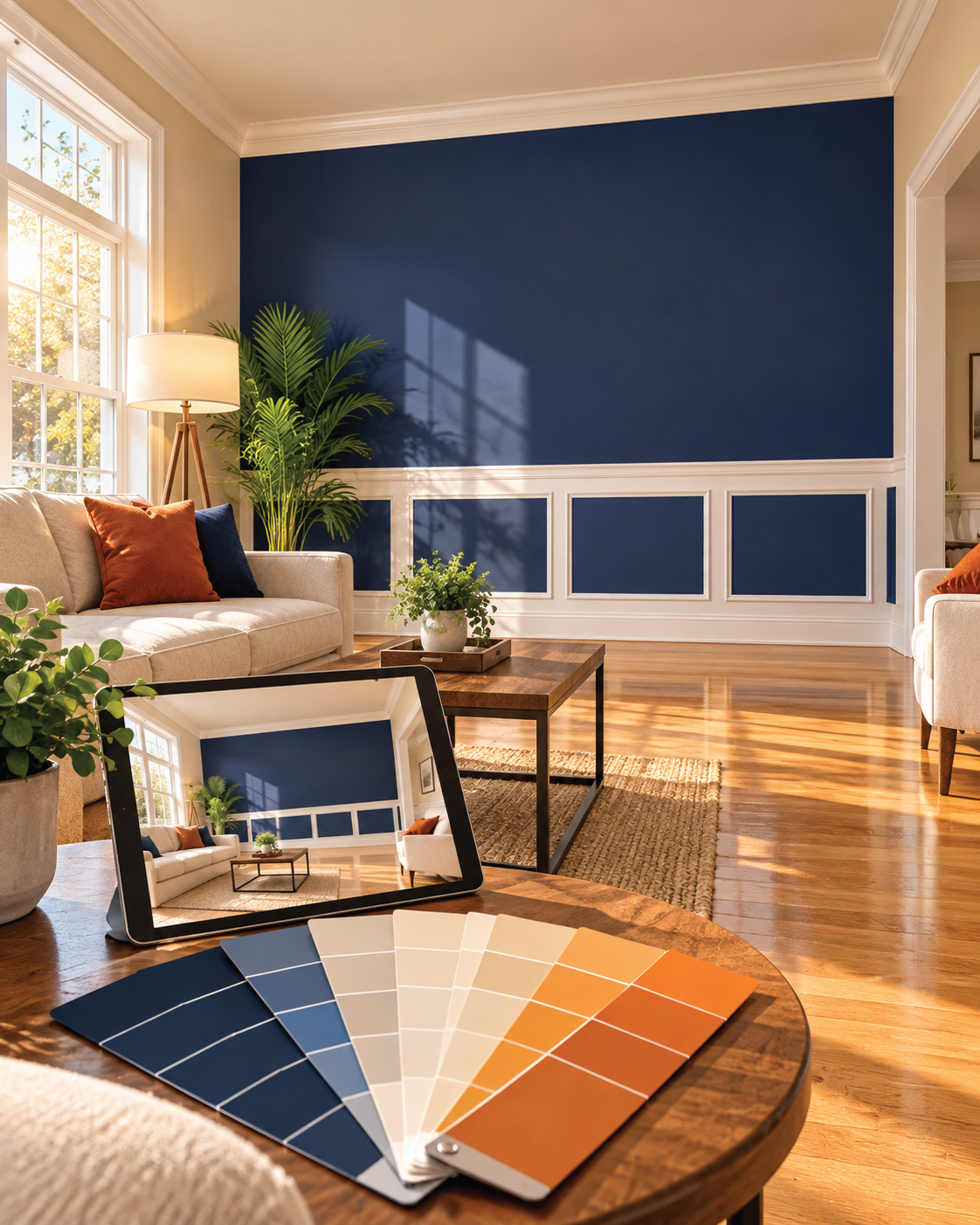 Freshly painted living room with navy accent wall by Sunrise Painting Delux